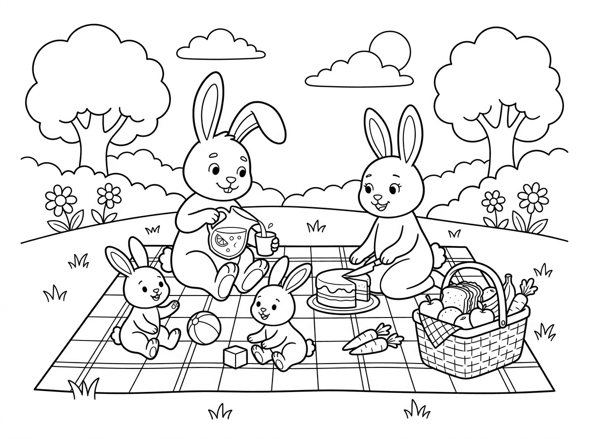 משפחת ארנבים יושבת על שמיכת פיקניק משובצת באחו, מוקפים בסלסלת פיקניק עם כריכים, פירות וגזרים. ארנב אבא מוזג לימונדה, אמא ארנבת פורסת עוגה, והארנבונים הקטנים משחקים. סגנון ציור חם ומשפחתי עם קווים נעימים, רקע של עצים ופרחים.