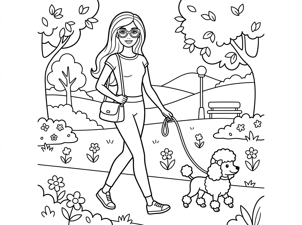 ברבי מטיילת עם כלב פודל קטן ברצועה, שניהם הולכים בפארק מלא פרחים. הכלב לובש סרט וברבי לבושה בלבוש ספורטיבי אלגנטי עם משקפי שמש, תיק יד קטן על הכתף. סגנון טיול אופנתי עם פרטי פארק.