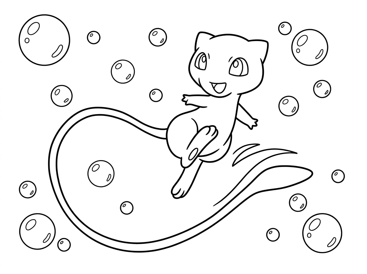 מיו הפוקימון הוורוד הקטן מרחף באוויר עם זנב ארוך ורך שמתעקל סביבו כמו סרט. עיניו הגדולות מלאות שובבות וסקרנות, כפות רגליו הקטנות מכופפות, והוא מוקף בבועות סבון ורודות ונוצצות בשמיים בהירים.