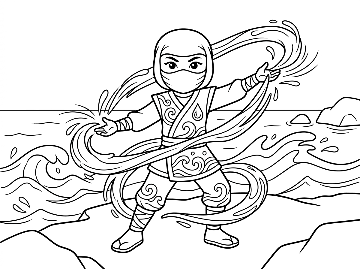 ניה, ננג׳ת המים, עומדת בתנוחה אלגנטית וחזקה עם כוח מים מקרין מידיה, זרמי מים מסתחררים סביבה. לבושה בתלבושת ננג׳ה כחולה עם אלמנטים של מים, מסכה על פניה ועיניים נחושות. ברקע אוקיינוס וגלים בסגנון כוח מים.