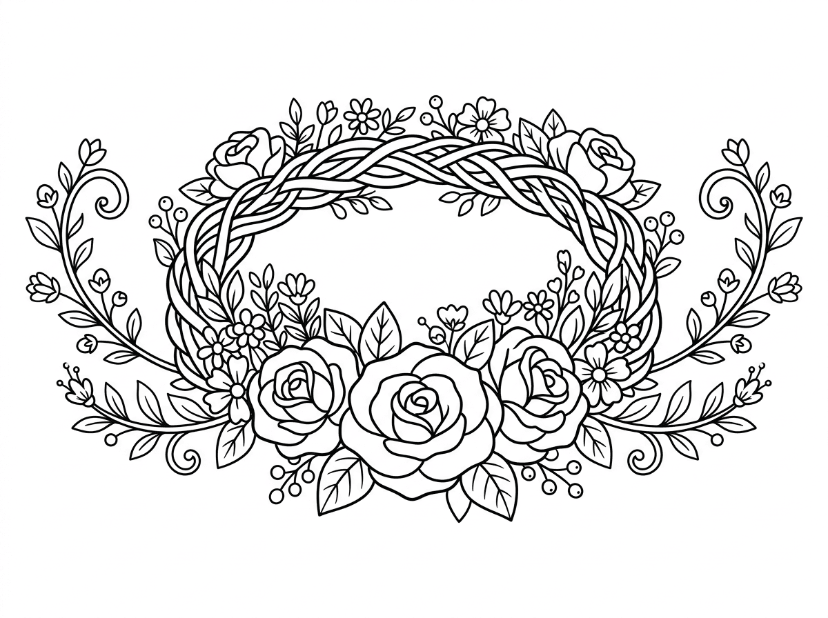 כתר מלכותי עשוי כולו מפרחים ועלים שזורים יחד, עם ורדים גדולים בחזית ופרחי בר קטנים ממלאים את הרווחים. הכתר עגול ופתוח מלמעלה בצורה קלאסית, עם ענפים מתולתלים יוצאים מהצדדים. סגנון בוהו רומנטי עם פרטים עדינים.