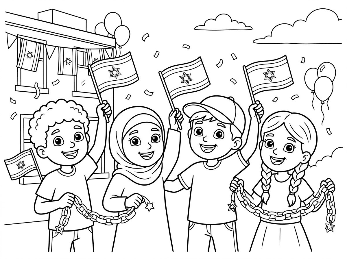 קבוצת ילדים שמחים ומגוונים עומדים יחד ומניפים דגלי ישראל (לא צבועה) בגאווה, חלקם עם שרשראות נייר. ברקע בניין עם דגלים, בלונים, וקונפטי באוויר, שמיים. סגנון חגיגי ופטריוטי עם שמחה גדולה.
