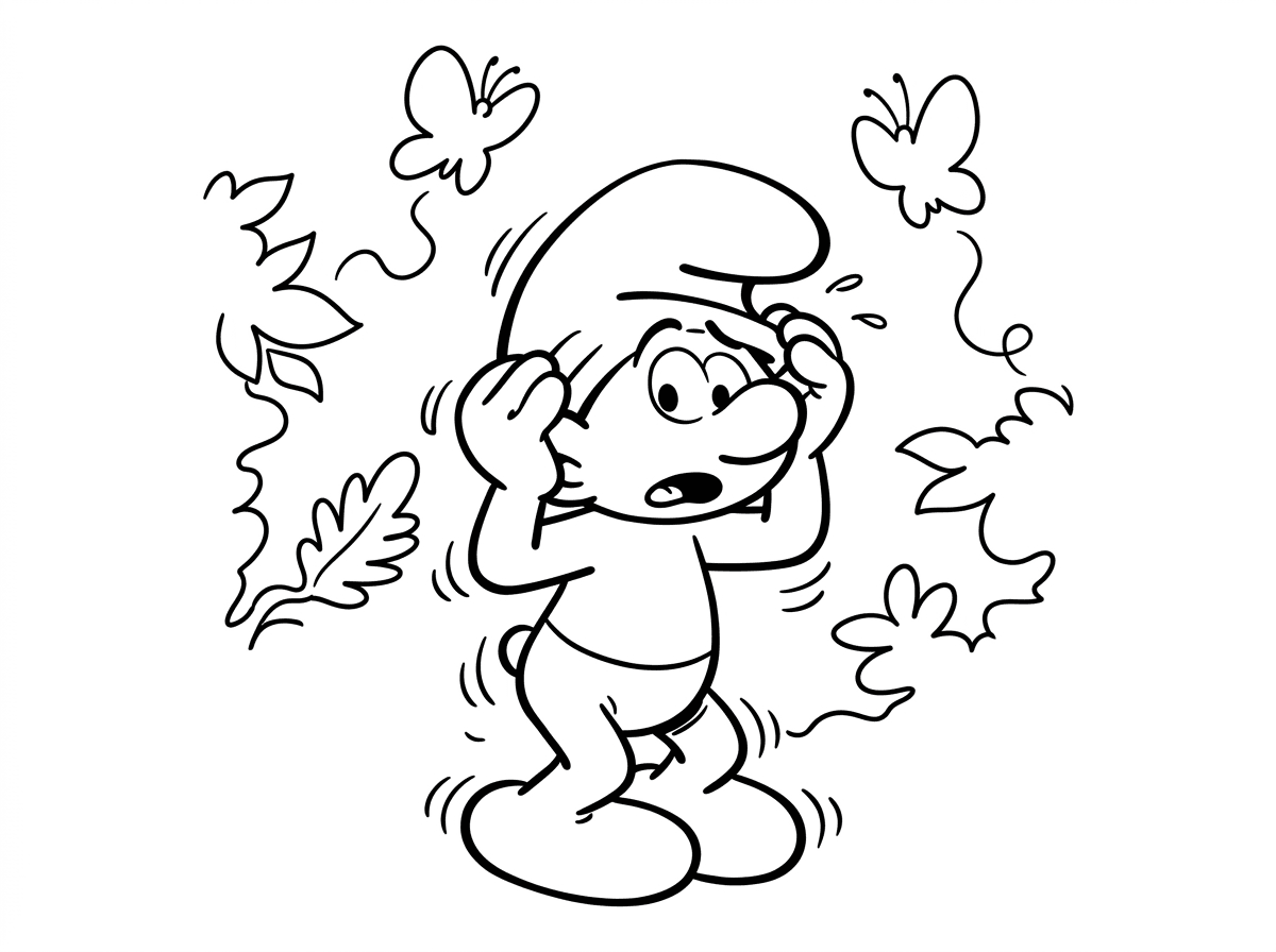 דרדס פחדני עומד רועד עם עיניים גדולות מפחד, מחזיק את כובעו מעל הפנים ומציץ מתחתיו, ברכיים רועדות. סביבו צללים מפחידים שהם בעצם רק עלים ופרפרים, כל דבר מפחיד אותו. סגנון קומי עם ניגוד בין הפחד לבין הדברים הלא מפחידים.
הדרדס לא צבועה בכחול