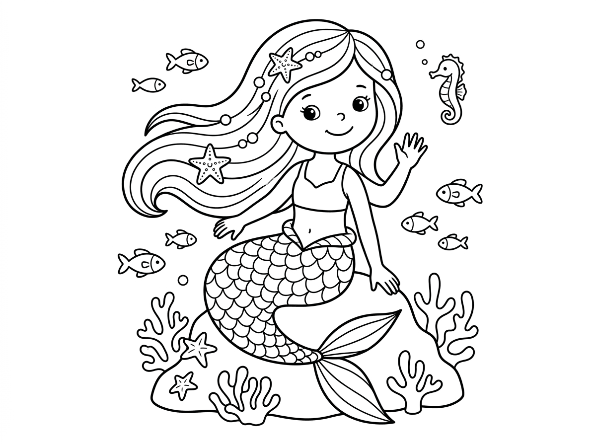 בת ים צעירה ויפהפייה עם שיער ארוך מתנופף ומעוטר בכוכבי ים ופנינים, יושבת על סלע ומנופפת לשלום בידה. זנב הדג שלה מעוטר בקשקשים מפורטים ומנצנצים. סביבה דגים קטנים, אלמוגים וסוסון ים.