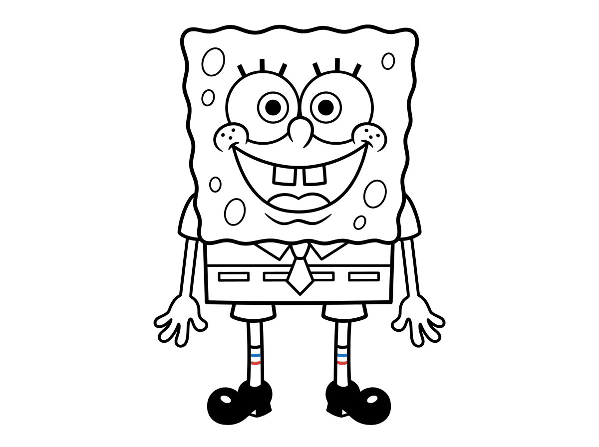 בוב ספוג בתנוחת עמידה קלאסית, מוצג עם כל הפרטים האופייניים: גוף ספוגי מרובע, מכנסיים מרובעים, חולצה לבנה, עניבה וגרביים גבוהים. הוא מחייך את חיוכו המפורסם עם שיניים בולטות ועיניים גדולות.