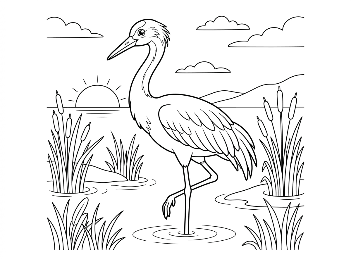 עגור סיבירי גבוה ואלגנטי עומד על רגל אחת במים רדודים, כנפיו מקופלות בחינניות וצווארו הארוך מתעגל בקו יפהפיה. נוצות עדינות מקשטות את ראשו, והמבט שלו שליו וחכם. סגנון ציור אמנותי ומפורט עם קווים דקים וזורמים, רקע של ביצה עם קנים ושקיעה.