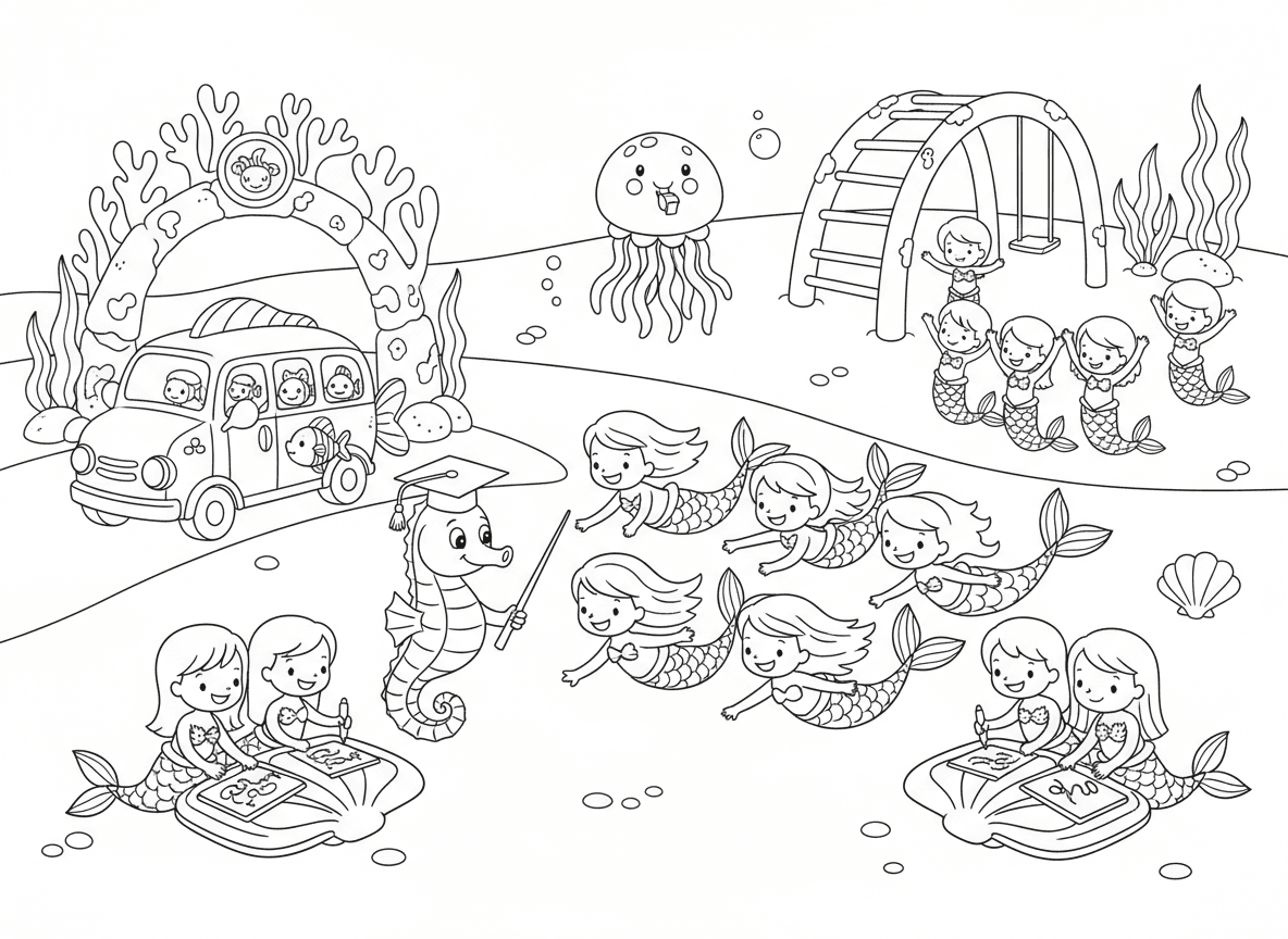 בית ספר לבנות ים - בנות ים קטנות לומדות לשחות במסדר, סוסון ים כמורה, כותבות על לוחות צדפים, אוטובוס דגים מוריד תלמידים, מגרש משחקים מאלמוגים, ומדוזה כמורה לחינוך גופני