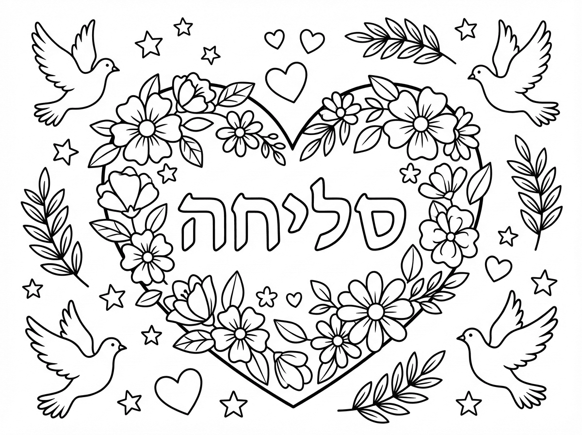 לב ענק במרכז הדף מעוטר בפרחים, עלים, ומילת ""סליחה"" כתובה בתוכו באותיות מעוצבות. מסביב ללב יונים עפות, כוכבים, ענפי זית, ולבבות קטנים מפוזרים. סגנון רומנטי ומעודד עם דפוסים פרחוניים רבים.