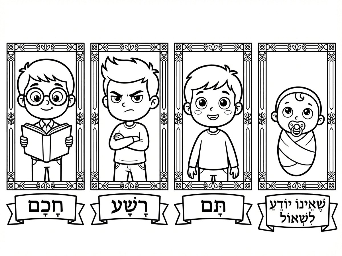 ארבעה בנים מצוירים זה לצד זה בסגנון קלאסי: החכם עם משקפיים וספר, הרשע עם הבעה מתריסה וידיים שלובות, התם עם פרצוף תמים ועיניים תמהות, ושאינו יודע לשאול כתינוק קטן. כל אחד במסגרת מעוטרת עם שמו למטה. סגנון הגדה מסורתי מאויר.