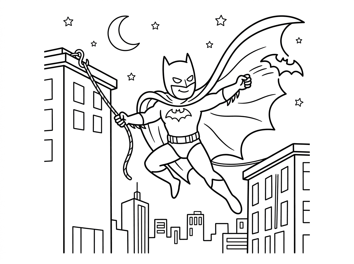 באטמן באמצע קפיצה דינמית, זורק באטרנג ביד אחת בזמן שהוא מתנדנד על חבל גראפלינג ביד השנייה. הגלימה מתעופפת מאחוריו בצורה דרמטית, והוא נמצא באמצע האוויר בין שני בניינים גבוהים בלילה.