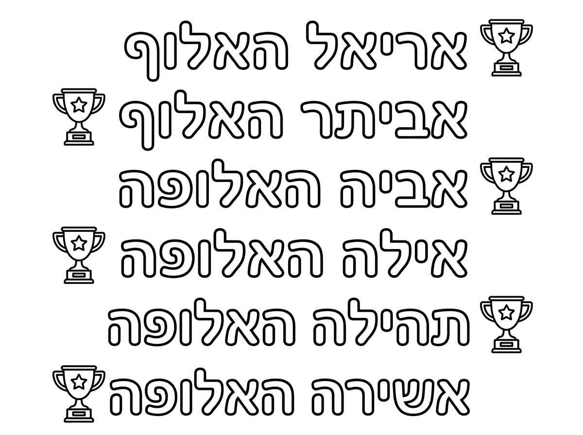 תרשום לי את השמות אשלח לך עם תמונה של 🏆 אריאל האלוף, אביתר האלוף, אביה האלופה,אילה האלופה,תהילה האלופה,אשירה האלופה ,ליד כל שם תשים גביע והכתב לא גדול