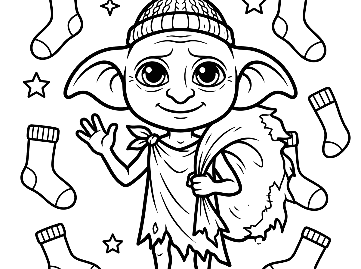 אני רוצה דף צביעה ברמה בינונית של דובי (Dobby) הגמדון־בית מהסרטים של הארי פוטר. חשוב לי שהוא יהיה יותר חמוד ומתוק, עם המראה האייקוני שלו מהסרטים: עיניים גדולות וטובות, חיוך עדין, אוזניים גדולות, פנים חביבות ומראה נאמן לדמות המקורית.
שיהיה עליו כובע צמר קטן וחמוד, והוא יהיה לבוש בבגדים הישנים והמרופטים שלו כמו בסרטים (עם הבד הקשור סביב הגוף).
אני רוצה שיהיו מספיק פרטים כדי שיהיה מעניין לצבוע, אבל לא עמוס מדי — בערך ברמה בינונית, עם קווים ברורים שמתאימים לדף צביעה.
בבקשה לא לעשות אותו מפחיד או זקן מדי — שיהיה עם המראה החמוד, התמים והנאמן שיש לדובי בסרטי הארי פוטר.