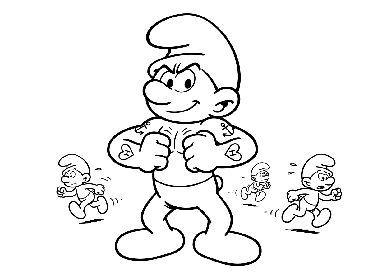 דרדס בריוני (הפטי סמורף) עומד עם קעקועים מצוירים על הזרועות, אגרופים מוכנים ומבט תקיף מעל כובעו הלבן. סביבו דרדסים קטנים מתרחקים, הוא מתופף על החזה כמו גורילה. סגנון קומי עם דרדס שרירי ובטוח בעצמו.