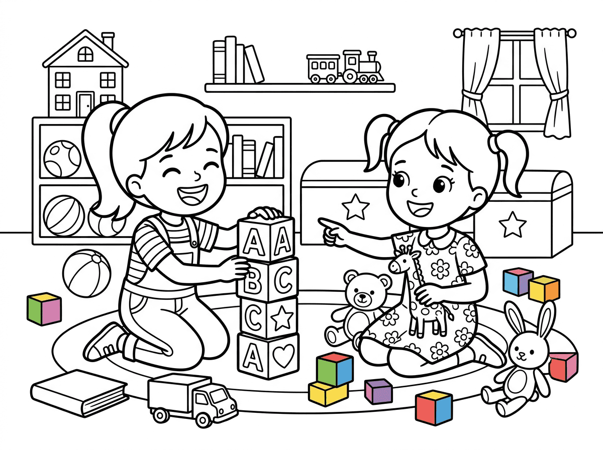 אפשר דף צביעה של ילדות משחקות בחדר משחקים