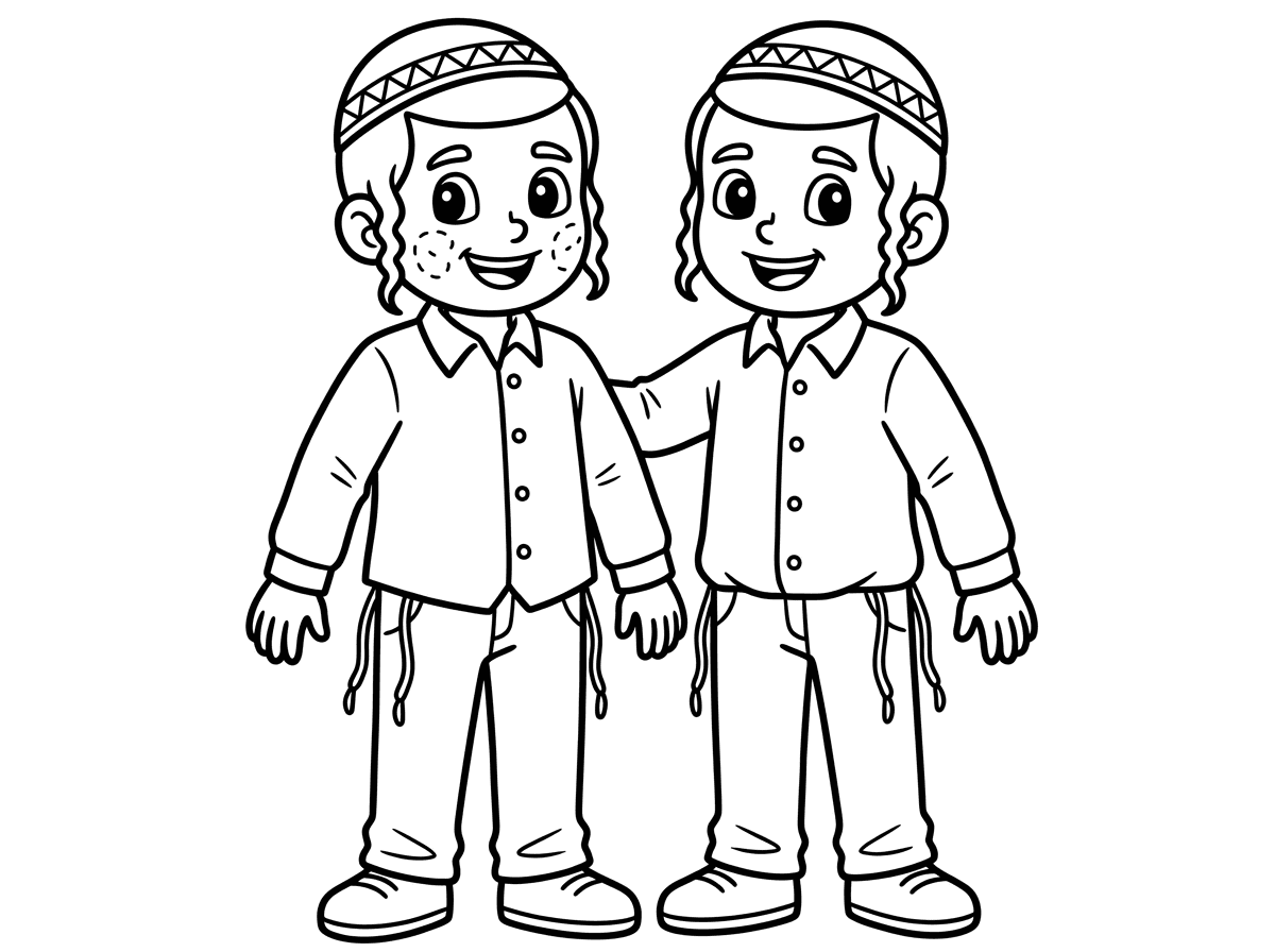 שני ילדים עם כיפות ופיאות קצרות ודקות לצידי האוזניים
עם חוטי ציצית לצד המכנסיים
לאחד מהם יש פריחה על הפנים
לידו ילד אחר והם שמים יד אחד על השני על הכתף