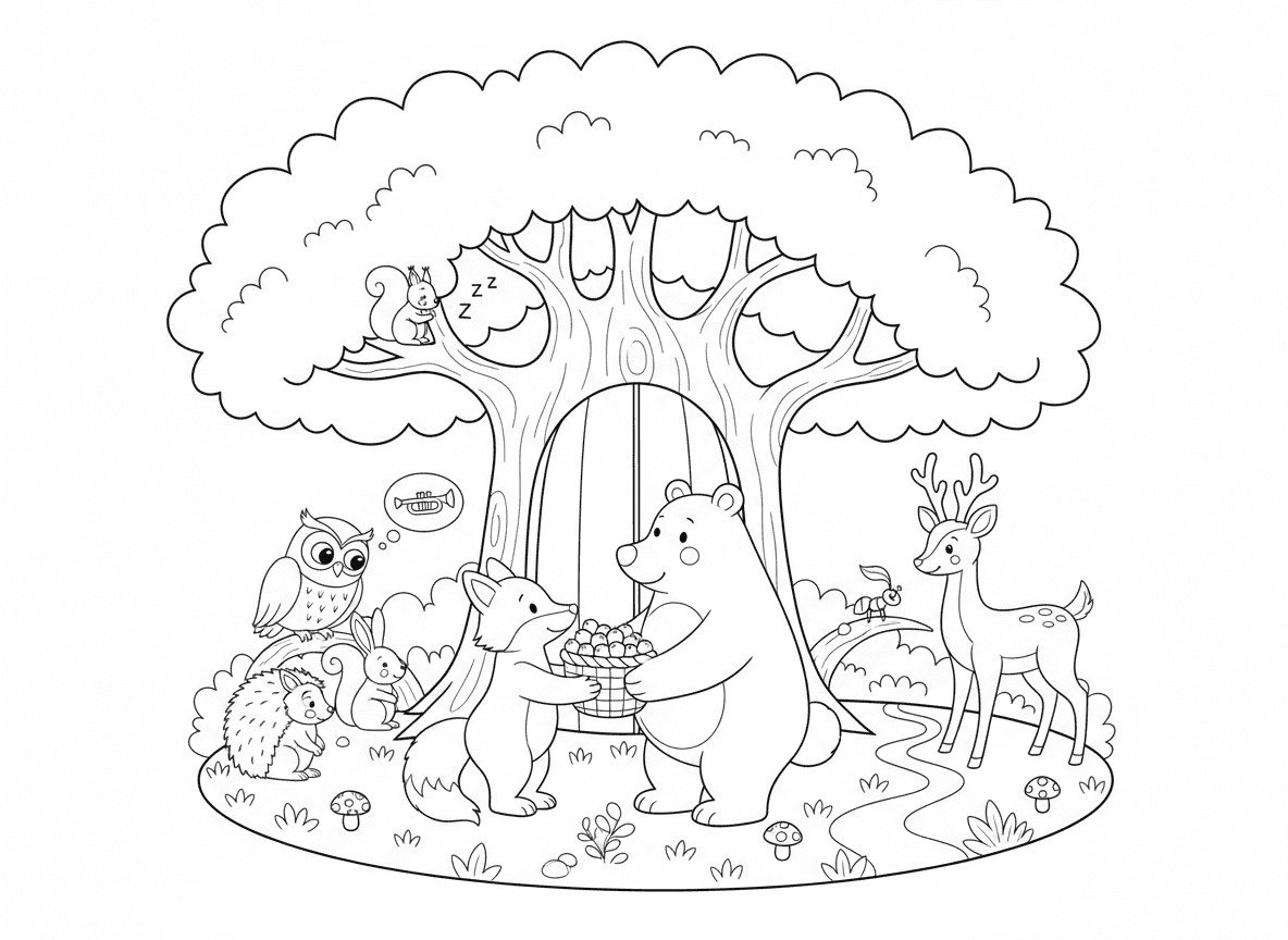 יום כיפור של חיות היער - חיות מתנצלות זו בפני זו, שועל מחזיר גרגרים גנובים לדוב, ינשוף מתנצל על רעש בלילה, איילה עוזרת לנמלה לחצות את השביל, כולם מתכנסים מתחת לעץ גדול כבית כנסת