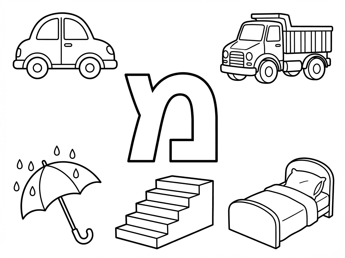 היי! 
אשמח לקבל דף צביעה שבו האות מ במרכז.
ומסביב: מכונית, משאית, מדרגות, מטרייה, מיטה