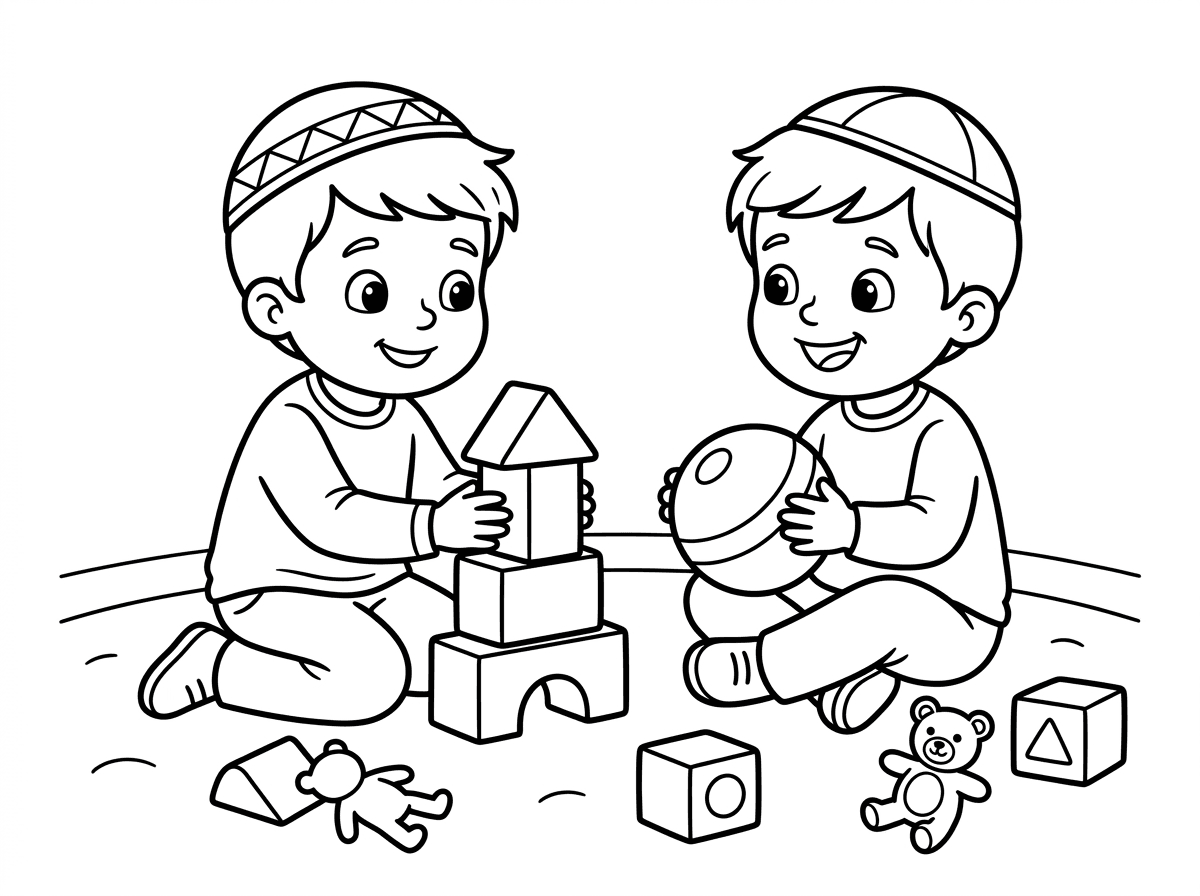 דף צביעה של ילדים בני 3, דתיים עם כיפות משחקים