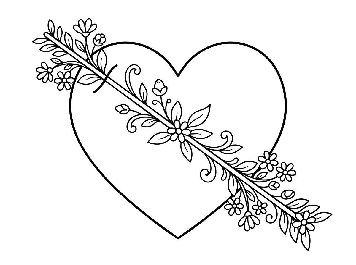 לב קלאסי שחץ קופידון עובר דרכו, אבל במקום חץ רגיל זהו ענף פורח עם פרחים ועלים מתעקלים. מנקודת הכניסה והיציאה של החץ צומחים פרחים קטנים. עיצוב רומנטי ויצירתי.