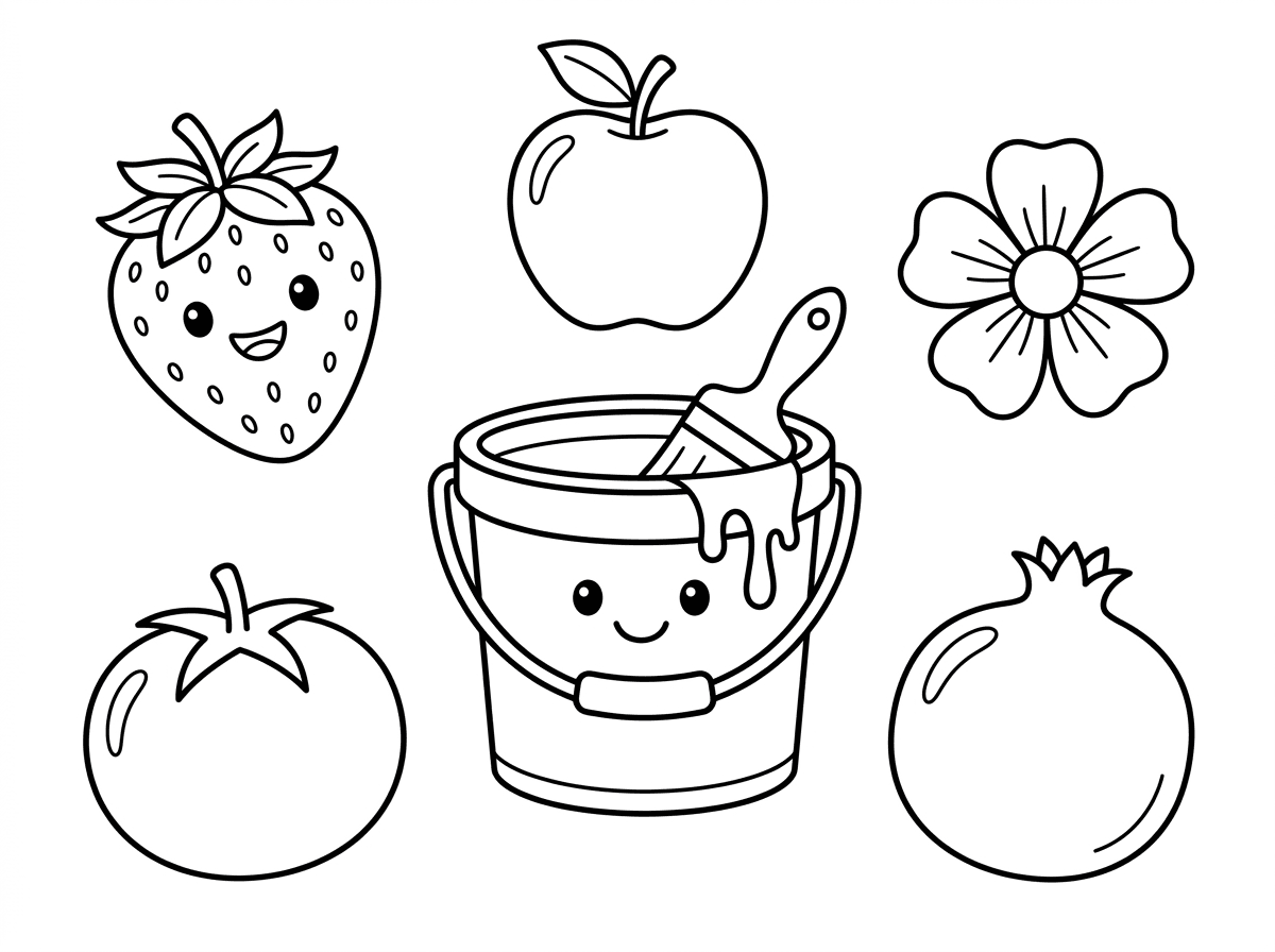 אשמח לקבל דף צביעה ובו יש במרכז דלי צבע. 
ומסביב: תות, עגבנייה, תפוח,  רימון, פרח