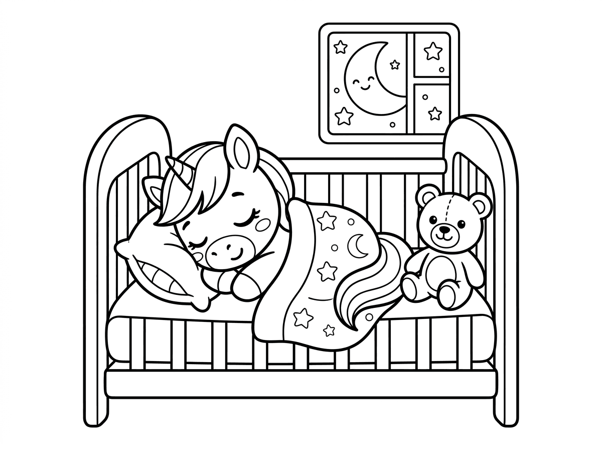 סוסון פוני זעיר ומתוק מתכרבל בתוך עריסת תינוק עם שמיכה רכה, עיניו עצומות וחיוך קטן על פניו. כרית קטנה מתחת לראשו ודובון צעצוע לידו. סגנון ציור פנטזיה ילדותית חמודה עם קווים רכים ועגולים, כוכבים וירח מחייך בחלון.