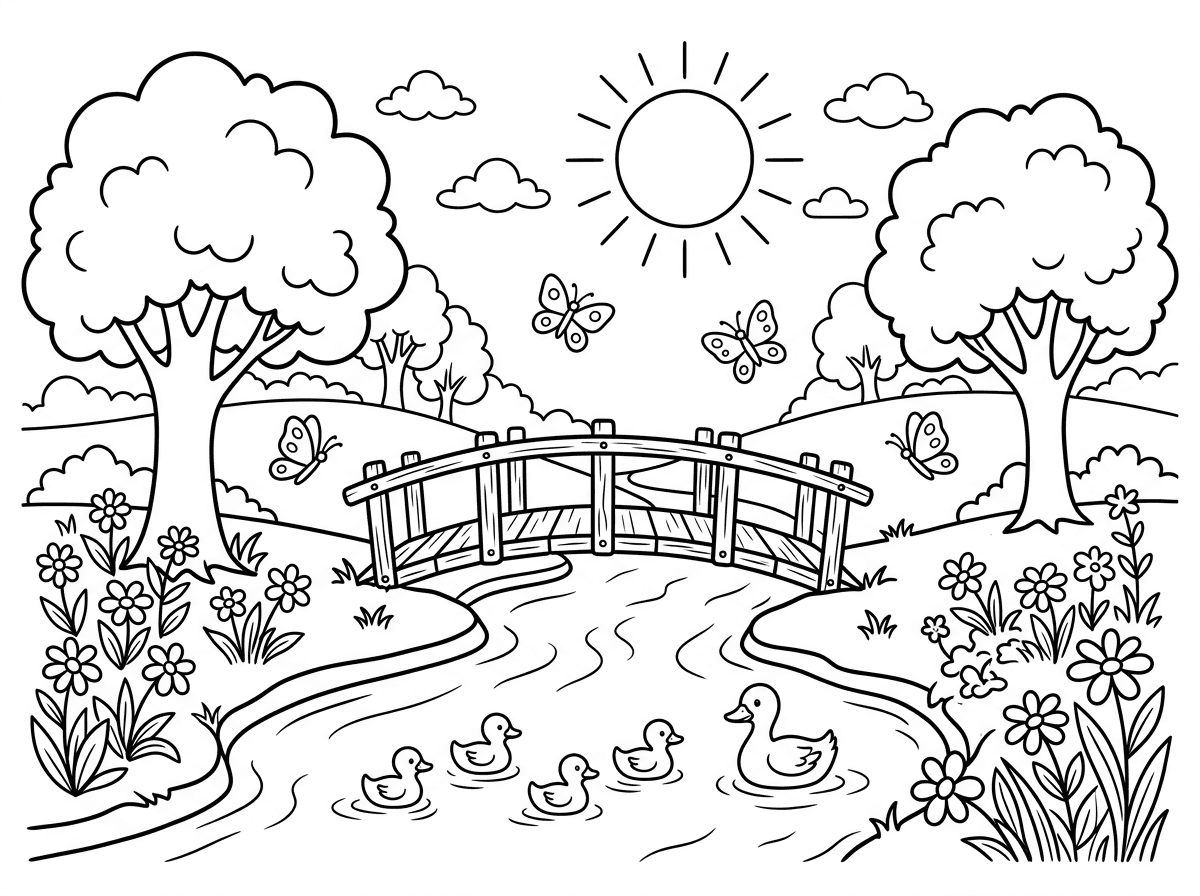 נהר שקט זורם בין גדות עם עצים גדולים מצלים על המים, גשר עץ קטן חוצה את הנהר במרכז התמונה. ברווזים שוחים במים, פרפרים מעופפים מעל, ופרחי בר גדלים לאורך הגדות. שמש חמה מאירה מבין העצים, בסגנון נופי שליו עם קווים נקיים.