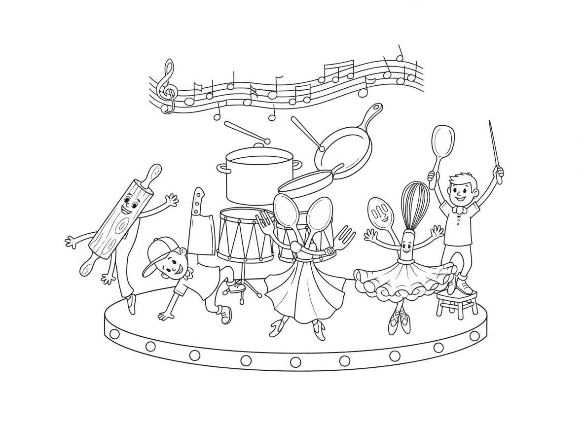 כלי מטבח רוקדים - כפות ומזלגות רוקדים ריקוד סלון, סכין עושה ברייקדאנס, מטרפה מסתובבת כבלרינה, סיר ומחבת כתופים, מרית מנצחת, מערוך עושה התעמלות, כולם על במת השיש