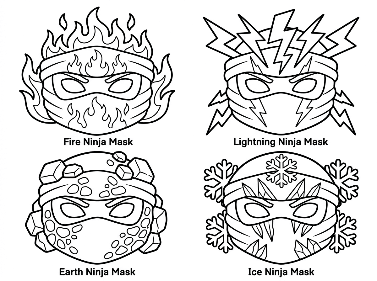 אוסף של מסכות ננג׳ה שונות מסודרות על הדף, כל מסכה עם עיצוב ייחודי: מסכת אש עם להבות, מסכת קרח עם פתיתי שלג, מסכת ברק עם זיגזגים ומסכת אדמה עם סלעים. כל מסכה מפורטת עם דוגמאות ייחודיות בסגנון ננג׳ה מפורט.