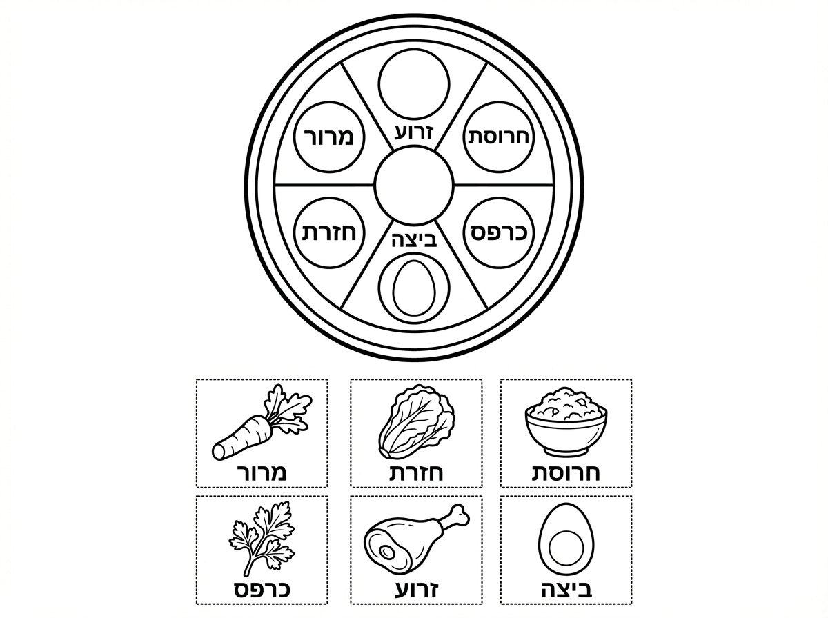 תכין לי בבקשה דף משימה של קערה של פסח, שצריך לגזור את המוצרים ולהדביק בקערה