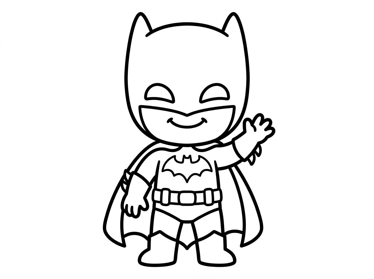 באטמן מצויר בסגנון פשוט וחמוד עם ראש גדול וגוף קטן בסגנון צ׳יבי. הוא מחייך חיוך ידידותי ומנופף בידו, עם קווי מתאר עבים ופשוטים ללא פרטים מורכבים, מתאים לילדים צעירים שרק מתחילים לצבוע.