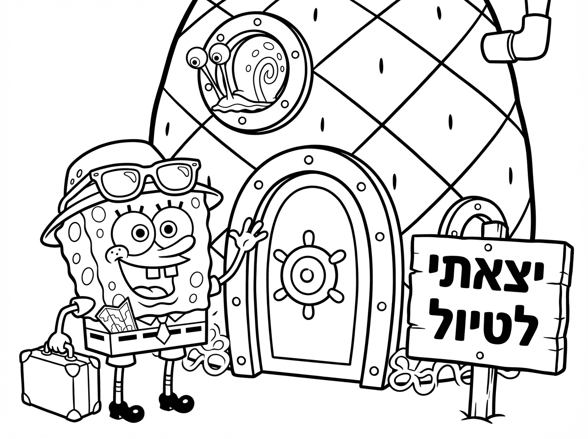 בוב ספוג עומד ליד דלת בית האננס שלו עם מזוודה קטנה, כובע שמש ומשקפי שמש על הראש. הוא מנופף לשלום לגרי שמציץ מהחלון, עם מפה מקופלת בכיס ושלט קטן שכתוב עליו ""יצאתי לטיול"".