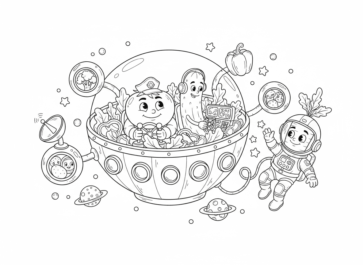 תחנת חלל של ירקות
גזר אסטרונאוט, עגבנייה קפטן, ומלפפון שמנווט חללית בצורת סלט.