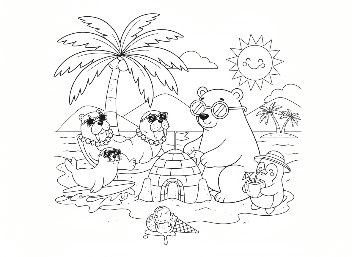 חופשת חוף של דובי קוטב - דובי קוטב בחוף טרופי עם משקפי שמש, אחד בונה ארמון חול שנראה כמו איגלו, כלב ים גולש, פינגווין עם משקה קוקוס, ניבתן מתחת לשמשיית דקל, וגלידה נמסה בשמש