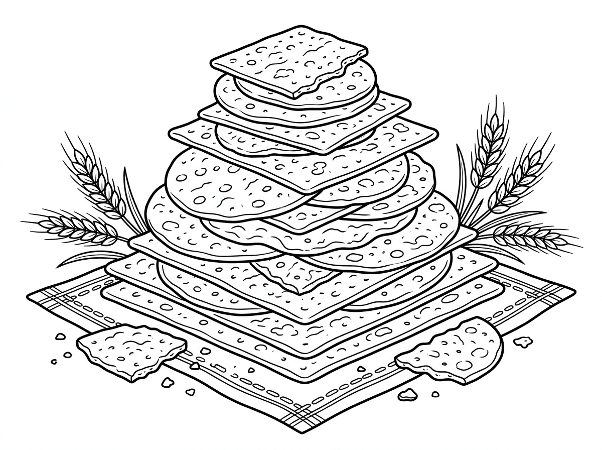 ערמה של מצות מרובעות ועגולות מוערמות זו על זו בפירמידה, כל מצה עם טקסטורה ייחודית של חורים וקמטים, חלקן שלמות וחלקן שבורות עם פירורים. מפית מרוקמת מתחת ושיבולי חיטה בצדדים. סגנון ריאליסטי מפורט עם דגש על טקסטורות.