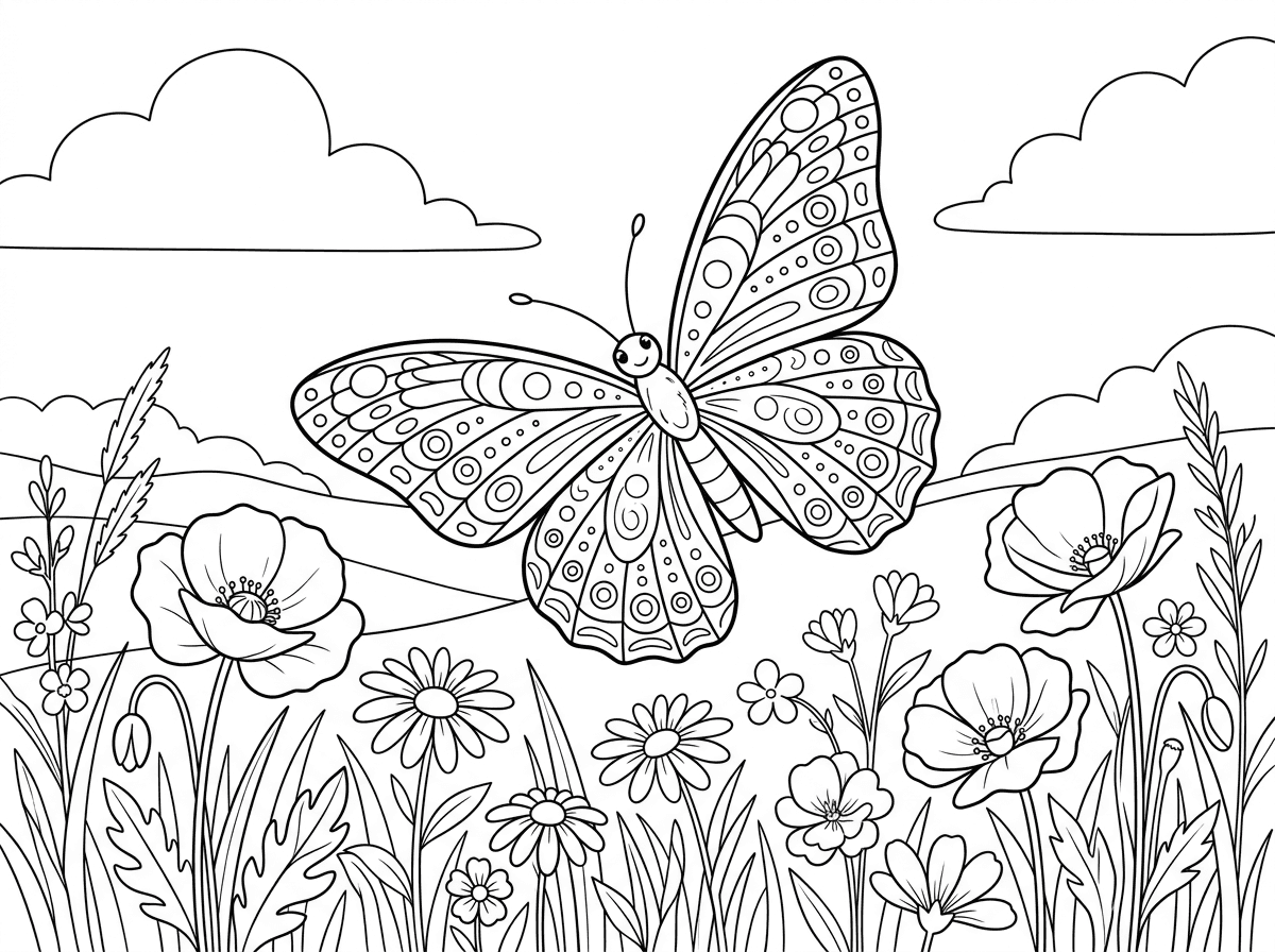 פרפר בר טבעי עם כנפיים בעלות דוגמאות פראיות וטבעיות, מעופף מעל שדה פרחי בר. הכנפיים מציגות עיגולים ומתנופנפות בנחת. סגנון ציור טבעי ומפורט עם דוגמאות אותנטיות, רקע של שדה פרחי בר עם שיבולים ופרגים.