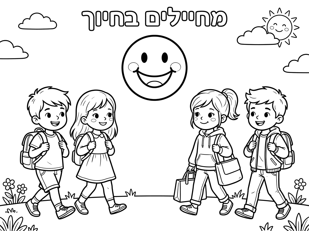 כיתוב מחילים בחיוך. סמיילי גדול. 4 ילדים בצדדים עם תיק בדרך לגן. רקע לא עמוס