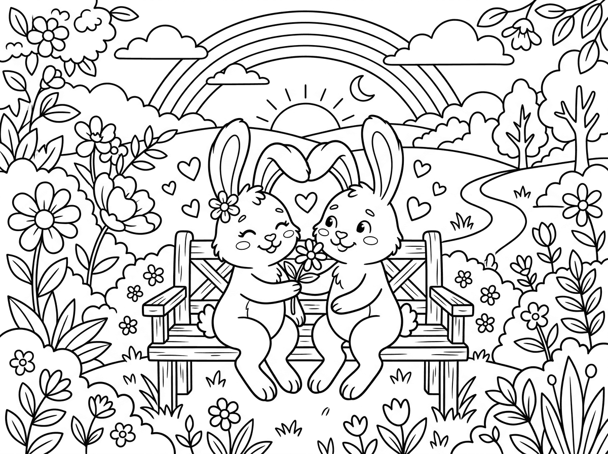 שני ארנבונים מאוהבים יושבים זה ליד זו על ספסל גן, אוזניהם שלובות ברכות ולבבות מרחפים סביבם. אחד מחזיק פרח ומושיט לשני. סגנון ציור רומנטי ומתוק עם קווים עדינים ולבביים, רקע של גינה פורחת עם קשת ושקיעה.