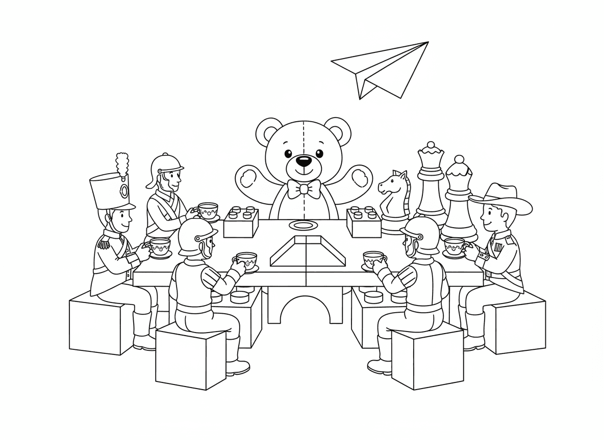 ועידת שלום של חיילי צעצוע - חיילי צעצוע זעירים מערכות שונות שותים תה ביחד, כלי שחמט מצטרפים לפגישה, דובון כמגשר, קוביות בנייה כשולחן ועידה, ומטוס נייר כיונת שלום