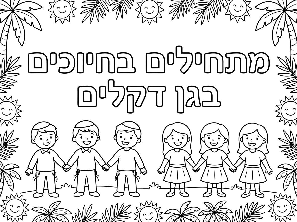 תכין לי בבקשה דף צביעה לילדי גן שכתוב עליו באמצע הדף באותיות עם חלל שאפשר לצבוע "מתחילים בחיוכים בגן דקלים".
למטה שורת שלוש ילדים שנותנים ידיים ומחייכים עם כיפה על הראש וציצית  ושלוש בנות עם חצאית ובלי כיפה שמחייכות ונותנות ידיים