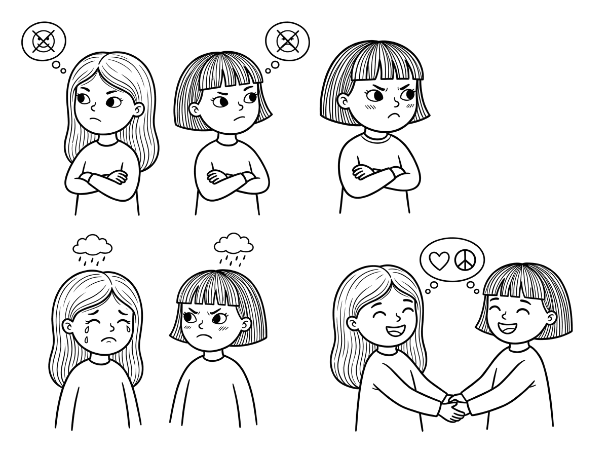 First picture 
two girls hating each other using their hands, 
next picture the girls look angry and upset or even crying, 
Next picture the girls apologized to each other and look happy