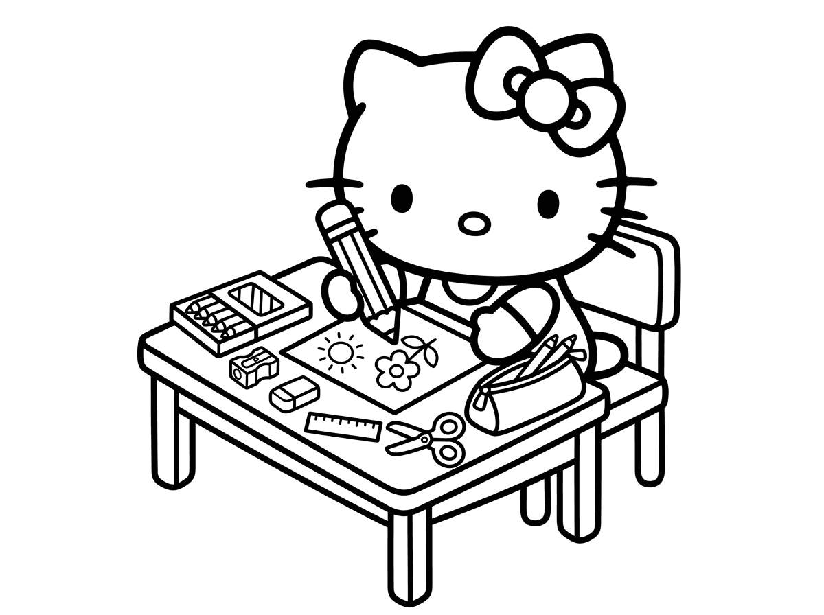 הלו קיטי יושבת ליד שולחן כתיבה ומחזיקה עיפרון גדול, סביבה כלי כתיבה מפוזרים: צבעים, מחדדת, מחק, סרגל ומספריים. על השולחן נייר עם ציור חמוד שהיא מציירת, קלמר פתוח לידה. סגנון יצירתי ומסודר עם פרטי כלי כתיבה.