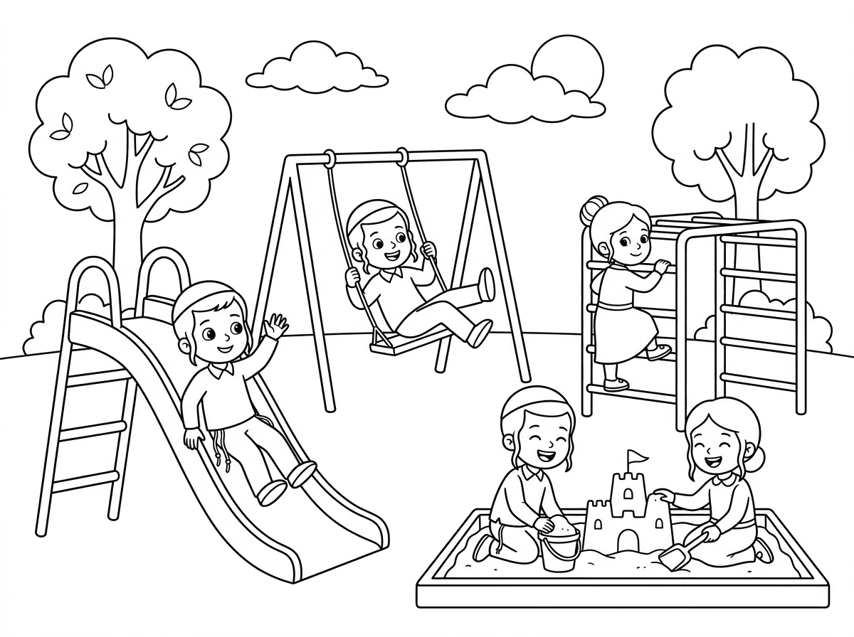 צור לי ציור של ילדים חרדים משחקים בגן משחקים