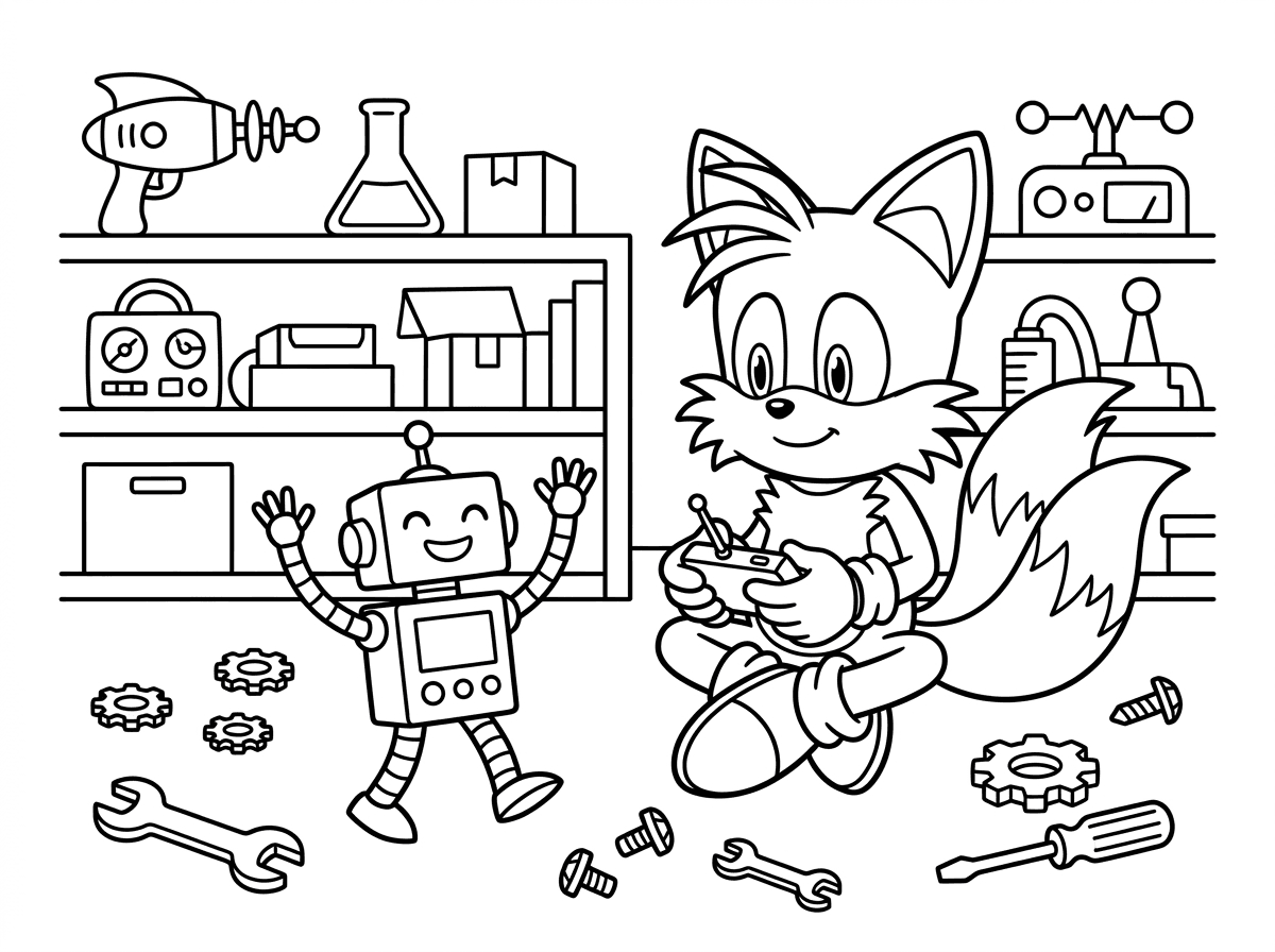 טיילס יושב על הרצפה במעבדה שלו ומשחק עם רובוט קטן שהוא בנה, שולט בו עם שלט רחוק. הרובוט הקטן הולך ומנופף בידיים מכניות, סביבם כלי עבודה, ברגים וחלקי מכונות, עם מדפים מלאי המצאות ברקע.