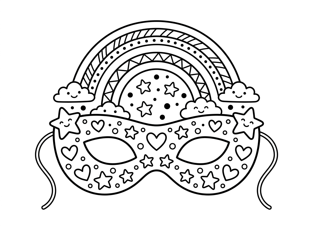 מסכת עיניים מעוטרת בקשת בענן מעליה, כל פס צבע מהקשת מעטר את החלק העליון של המסכה. מתחת לקשת כוכבים ועננים קטנים, והמסכה עצמה מעוטרת בנצנצים ולבבות. סגנון שמח ו לילדים.