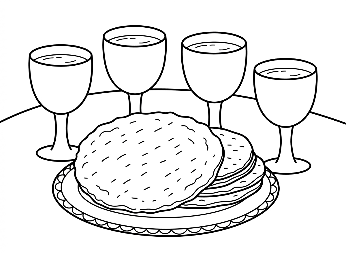 תכין דף ציור של מצות עגולות ויין ד כוסות לחג הפסח