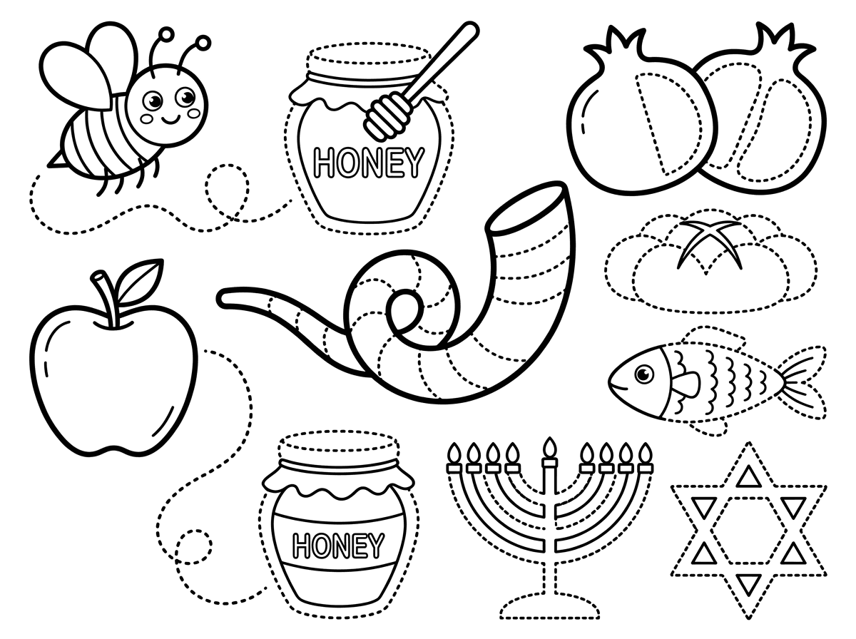 צור דף של קווקווים לילדי גן.בנושא ראש השנה .מתיחת קו על הקווקו עם איורים מתאימים כמו: דבורה...לדבש וכו