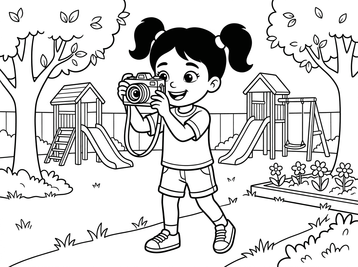 שרה ג'ונס, אחיינית סמי ותאומה של ג'יימס, ילדה אקטיבית עם קוקיות ושיער כהה, לבושה בגדי ספורט. היא מחזיקה מצלמה וסקרנית לגלות דברים חדשים, פרצופה חכם ומלא אנרגיה. ברקע החצר עם עצים ומשחקים.