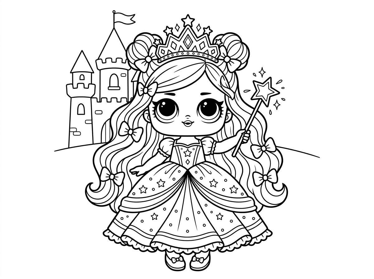 בובת לול סורפרייז לבושה כנסיכה עם שמלת נסיכה ארוכה ומפוארת, כתר מנצנץ עם יהלומים ושרביט כוכב. שיער ארוך וזורם עם קשתות, נעלי זכוכית קטנות, ברקע ארמון עם מגדלים. סגנון נסיכות קסום עם פרטי מלכות.