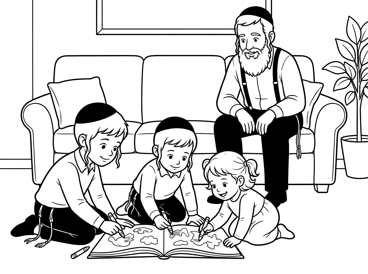 צור לי דף צביעה של ילד בן 4 עם כיפה וציציות בצידי חולצתו, עוד ילד בן 3 עם כיפה ןציצית, ועוד ילדה בת שנתיים חייכנית, יושבים על הרצפה בסלון של הבית וצובעים דף צביעה. על הספה לידם, יושב אבא שלהם- כיפה, זקן עבה וקצת ארוך, שלייקס, ומכנסיים שחורים ארוכיפ.