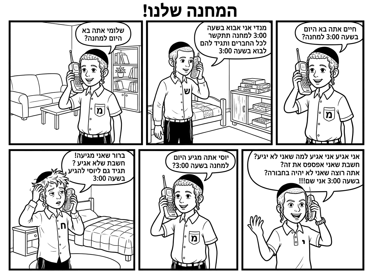 אני רוצה דף צביעה של קומיקס בדף של הקומיקס צריך להיות שש משבצות הראשונה צריך להיות ילד שכתוב לו על החולצה את האות מ' הילד צריך להיות כיס בצד שמאל והחולצה מכופתרת על הכיס צריך להיות את האות מ' . אמור להיות לו צווארון ופאות מסולסלות  לילד צריך להיות כיפה וציציות אמור להיות לו גם שרוולים קצרים הוא צריך לעמוד בסלון עם שולחן וספה וארון ספרים ולהיות עם טלפון כפתורים ארוך כמו של פעם מתקשר ואמור להגיד שלומי אתה בא היום למחנה? במשבצת השניה צריך להיות ילד אם אם האות ש'לילד צריך להיות  חולצה מכופתרת בלי כיס האות שין אמורה להיות בצד שמאל ואמור להיות לו פאות לא מסולסלות  וכיפה וציציות וצווארון ושרוולים ארוכים עומד בחדר עם מיטה וארון משחקים מחזיק טלפון כפתור עם ארוך כמו של פעם ואומר מנדי אני אבוא בשעה 3:00 למחנה תתקשר לכל החברים ותגיד להם לבוא בשעה 3:00 במשבצת השלישית אמור להיות את הילד אמהות מ' על החולצה כמו שאמרנו בהתחלה אותו דבר בדיוק מחזיק את הטלפון ומתקשר ואומר חיים אתה בא היום בשעה 3:00 למחנה? במשבצת הרביעית אמור להיות ילד לילד עם האות ח' בצד שמאל של החולצה טיפה וציציות פאות לא מסולסלות ושרוולים ארוכים וחולצה מכופתרת בלי כיס ומחזיק טלפון ארוך עם החוגים וישן ואומר ברור שאני מגיעה! חשבת שלא אגיע ? תגיד גם ליוסי להגיע בשעה 3:00 במשבצת חמישית צריך להיות את הילד עם האות מ' כמו שאמרנו בדיוק אותו דבר מחזיק את הטלפון ואומר יוסי אתה מגיע היום למחנה בשעה 3:00?. במשבצת השישית אמור להיות ילד עם י'על החולצה בצד שמאל ושתי כפתורים וצווארון בלי כיס ובלי חולצה מכופתרת רק שתי כפתורים למעלה עם שעון ביד ימין בלי פאות מסולסלות ועם שרוולים קצרים וכיפה וציציות אומר אני אגיע אני אגיע למה שאני לא יגיע? חשבת שאני  אפספס את זה? אתה רוצה שאני לא יהיה בחבורה? בשעה 3:00 אני שם!!!